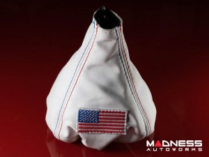 FIAT 500 Gear Shift Boot - Black Italy - White Leather w/ American Flag & Red/ Blue Stitching